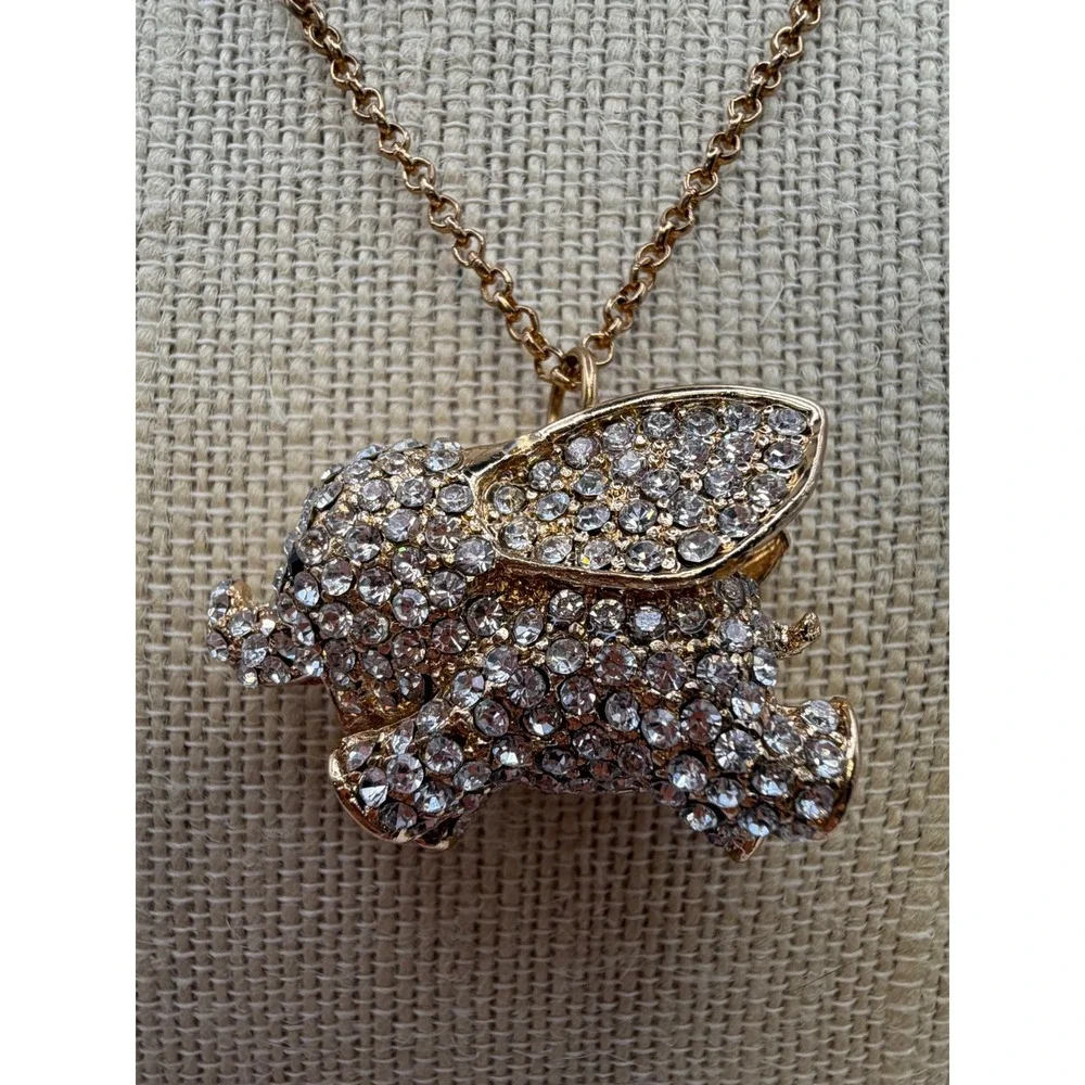 Sparkling Elephant Pendant Necklace Gold Tone Rhinestone Charm Statement Jewelry